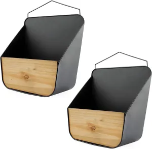 Wood and Black Metal Wall Pockets (Black, Case of 6)