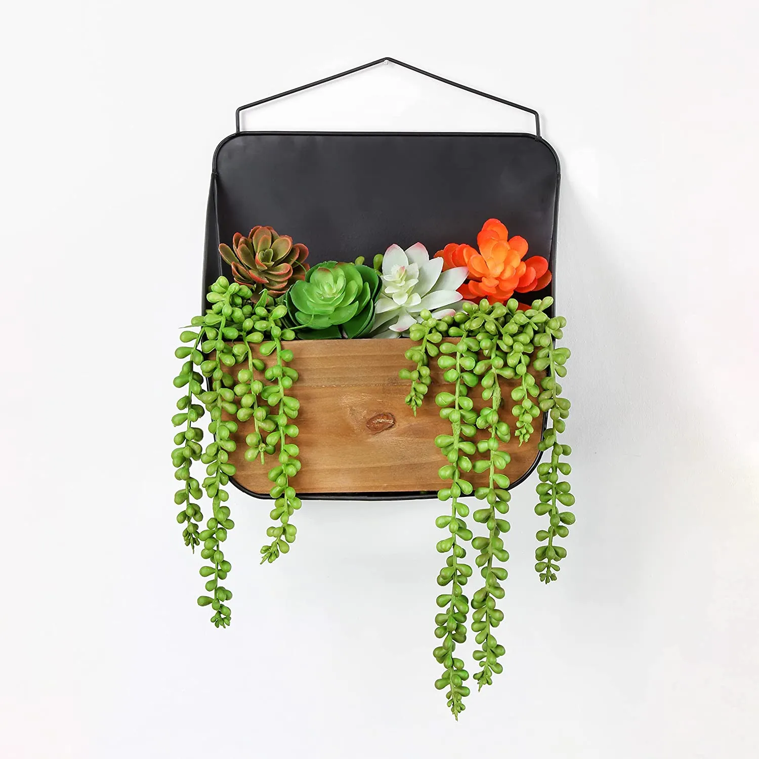 Wood and Black Metal Wall Pockets (Black, Case of 6)
