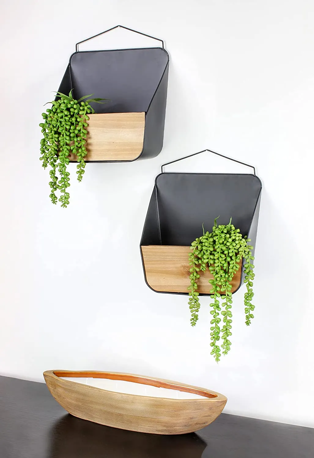 Wood and Black Metal Wall Pockets (Black, Case of 6)