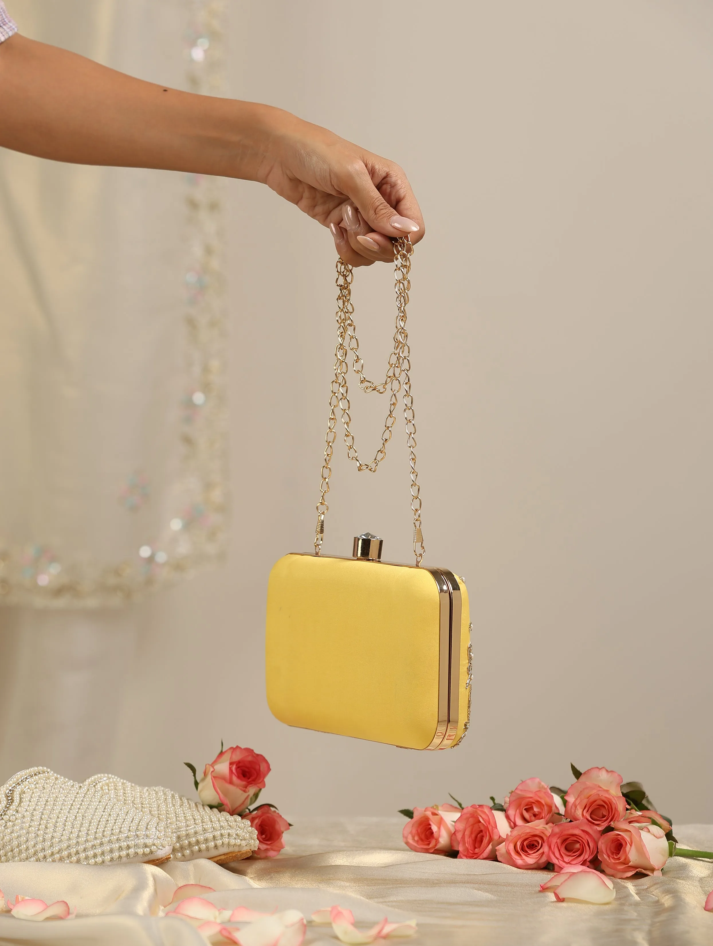 Yellow Metal Bag with Pearls