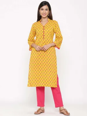 Yellow Printed Straight Cotton Kurta