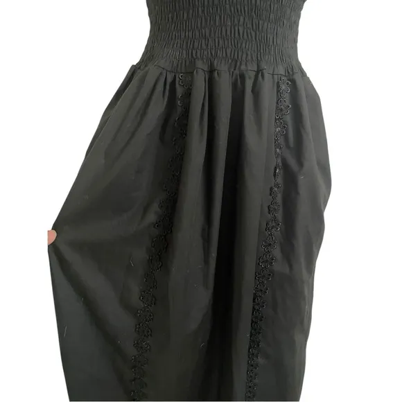 Zoe women’s smocked sun dress floral appliqué maxi black size S 100% cotton slit